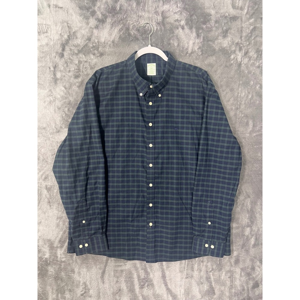 Brooks Brothers 1818 Slim Fit Non-Iron Stretch Plaid Button Down Shirt XXL Navy